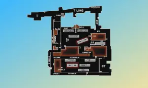 Mapa taktyczna z gry CS:GO, pokazująca rozmieszczenie **miejscówek** na mapie Train. Widoczne są kluczowe punkty jak A Main, B Ramp, T Long.