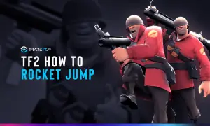 Dwóch żołnierzy z TF2 w czerwonych strojach, jeden z rakietnicą, gotowych do skoku.