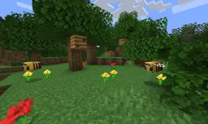 W lesie Minecraft pszczoły krążą wokół ula, zbierając nektar z kwiatów. Plaster miodu wisi na drzewie.