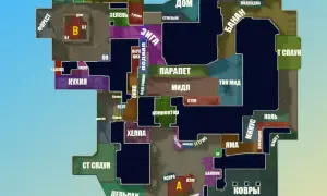 Mapa taktyczna z nazwami miejsc: Dom, Banan, T Spaw, Apartamenty, Forest, Kuchnia, Helpa, Jaskinia, Miraz.