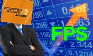 Biznesmen z logo CS2 zamiast głowy, na tle wykresów. Zielony napis "FPS" sugeruje **cs2 fps boost**.