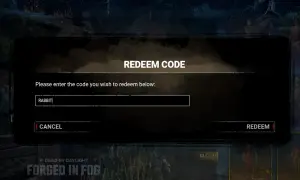 Okno "REDEEM CODE" w grze Dead by Daylight, pole tekstowe z wpisanym słowem "RABBIT", przyciski "CANCEL" i "REDEEM". To miejsce na wpisanie kodów do DBD.