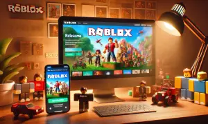 Na biurku stoi komputer z ekranem Roblox, obok telefon z tą samą grą. W tle widać logo Roblox i ozdoby. Od kiedy powstał Roblox?