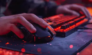 Dłoń gracza na myszce i klawiaturze z podświetleniem RGB. Optymalne spinx settings dla najlepszych wrażeń.