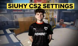 Siuhy w grze CS2, prezentuje swoje ustawienia. Widoczny jest gracz w koszulce z logo FONBET.