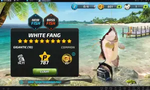 W grze Fishing Clash złowiono rybę White Fang. Gracz zdobył 787 punktów i 23 monety.