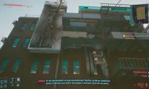 Czerwony wieszcz cyberpunk, Johnny rozmawia o sensie życia na tle industrialnej architektury.