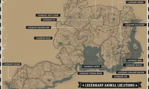 Mapa z zaznaczonymi lokalizacjami legendarnych zwierząt w RDR2: wilk, łoś, niedźwiedź grizzly, bóbr, dzik, puma, kojot, jeleń, bizon, jeleń, muflon, lis, pantera.