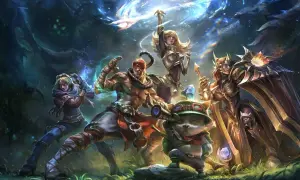 Pięć postaci z gry League of Legends, w tym Lee Sin i Lux, gotowych do walki. Tysiące graczy codziennie gra w lola.