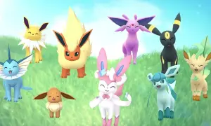 Wesołe nowe ewolucje Eevee: Vaporeon, Jolteon, Flareon, Espeon, Umbreon, Leafeon, Glaceon i Sylveon na trawiastym tle.