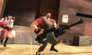 Dwaj bohaterowie z TF2: Medic z miotaczem i Heavy z minigunem w akcji.