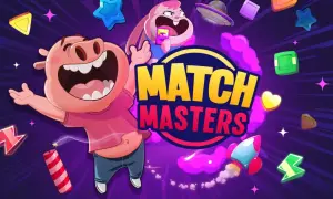 Wesoły prosiak i króliczek świętują w grze Match Masters, gdzie czekają darmowe prezenty i mnóstwo zabawy!