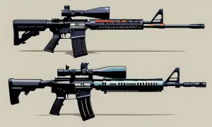 Dwa karabiny z lunetami: górny M4A4 z czerwonymi akcentami, dolny M4A1-S z jaśniejszym przednim chwytem.