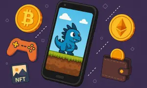 Smartfon z uroczą postacią z gry, obok ikony NFT, kontrolera, portfela z monetami i symboli kryptowalut. To wizualizacja zarabiania na grach.