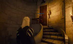 Geralt stoi przed drzwiami, gdzie Szambelan Emhyr czeka na jego decyzję. To kluczowy moment w symulacji wyborów z W2.