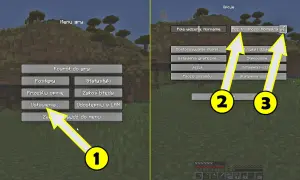 Jak zmienić poziom trudności w Minecraft komendą: kliknij "Ustawienia" (1), potem "Poz. trudności" (2, 3) i wybierz pożądany poziom.
