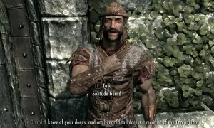Strażnik z Solitude w zbroi, wyglądający jak z zaawansowanych skyrim mody, mówi o twoich czynach.