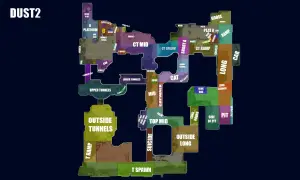 Mapa Dust2 z zaznaczonymi miejscówkami. Od T Spawn po B Platform, przez CT Mid i Long, każdy gracz znajdzie tu swoje ulubione miejscówki.