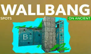 WALLBANG SPOTS ON ANCIENT" - kamienne bloki z hieroglifami, niebieskie ściany z napisem "PLAZA B ZONA ARQUEOLOGICA".