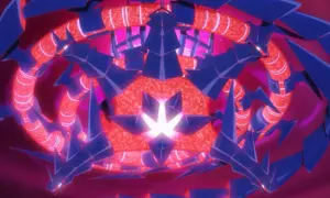 Wielogłowy, niebiesko-czerwony potwór, przypominający najpotężniejszego pokemona, otacza rozżarzone jądro.