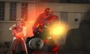 Medic TF2 z bronią, obok niego potężny Heavy w czerwonym stroju, obaj w ogniu walki.