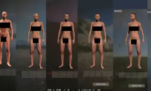 Postacie z gry Rust, prezentujące różne modele i opcje tworzenia postaci.