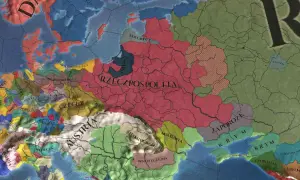 Mapa Europy z gry Europa Universalis 4. Widoczna Rzeczpospolita, Austria, Czechy i inne państwa. Spolszczenie gry dodaje polskie nazwy.