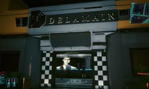 Wejście do Delamain, z neonowym logo i ekranem z twarzą. Czekam na **delamain readmisja**.