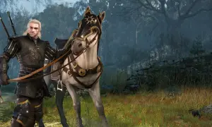 Geralt w zbroi z Wiedźmin 3 najlepszy rynsztunek, obok swojego konia w ozdobnej uprzęży, na tle leśnego krajobrazu.