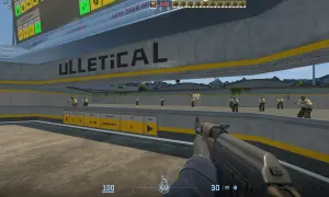 Gracz ćwiczy celność na mapie z warsztatu CS GO, strzelając do botów.