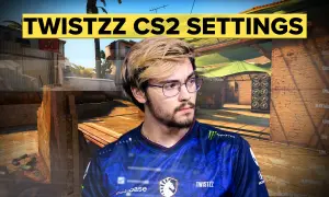 Gracz CS2, Twistzz, w swoim charakterystycznym stroju, z ustawieniami gry widocznymi w tle. Jego celownik, czyli twistzz crosshair, jest kluczowy dla precyzyjnych strzałów.
