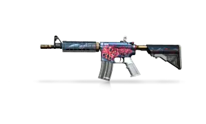 Karabin M4A4 z motywem czerwonych kwiatów i niebieskiego tła, idealny do operacje CS GO.