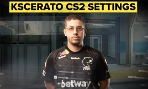 Kscerato CS2 settings z graczem w czarnej koszulce. Widoczne opcje graficzne gry.