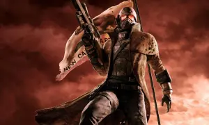 Żołnierz z flagą Nowej Kalifornii, gotowy do walki. Może przydać się do ułatwienia rozgrywki, gdy szukasz **fallout new vegas kody**.