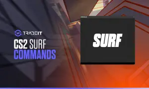 Tradeit prezentuje komendy do CS2 Surf. Na ekranie konsoli widnieje napis SURF.