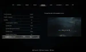 Ustawienia języka w Resident Evil 4 Remake. Możliwość zmiany koloru napisów, by ułatwić grę z polskim spolszczeniem.