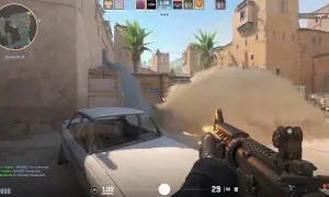 Akcja w Counter Strike na PS5: dym zasnuwa pole bitwy, a gracz celuje z karabinu.