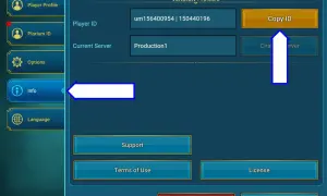 Ekran ustawień gry Raid Shadow Legends. Widoczny jest przycisk "Copy ID", który może być pomocny przy wprowadzaniu raid shadow legends kody.