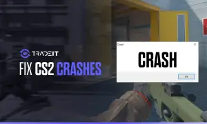 Komunikat "CRASH" na ekranie gry CS2, obok napisu "FIX CS2 CRASHES" i logo Tradeit.