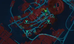 Mapa z gry z zaznaczonymi celami: Ross Ulmer, Ayo Zarin, Dron Arasaka. Wiele ikon zadań i zagrożeń. **Cyberpunk trofea** czekają!
