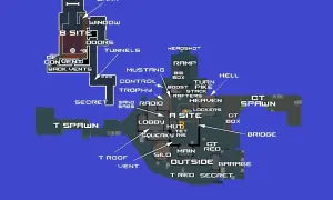 Mapa nuke z zaznaczonymi lokacjami: A Site, B Site, CT Spawn, T Spawn, Ramp, Hell, Garage.