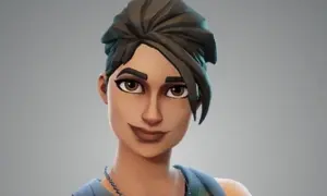 Postać z gry Fortnite, często nazywana "bambik" przez graczy, z charakterystyczną fryzurą i wyrazistymi brwiami.