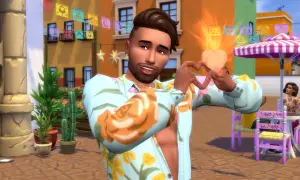 Sympatyczny Sim z gry The Sims 4 tworzy serce z dłoni, emanując miłością i radością.