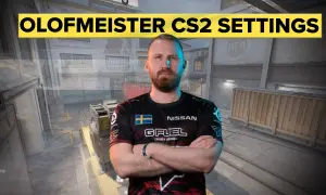 Olofmeister w CS2, prezentuje swoje ustawienia. Widoczny na tle mapy z gry, w koszulce z logo GFUEL i flagą Szwecji.