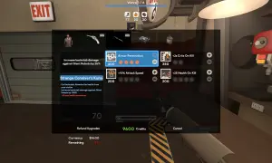 Menu ulepszeń dla postaci Spy z gry TF2. Dostępne są ulepszenia takie jak "Armor Penetration" i "Strange Conniver's Kunai".