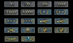 Ikony rang z gry CS:GO. Od najniższych, szarych strzałek, przez gwiazdki i karabiny, po orły i globus. Każdy gracz marzy o zdobyciu najwyższego csgo ranka.