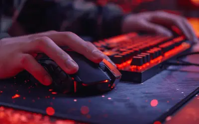 Dłoń gracza na myszce i klawiaturze z podświetleniem RGB. Optymalne spinx settings dla najlepszych wrażeń.