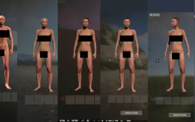 Postacie z gry Rust, prezentujące różne modele i opcje tworzenia postaci.