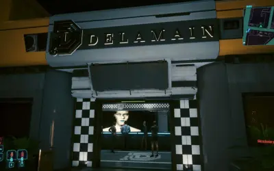 Wejście do Delamain, z neonowym logo i ekranem z twarzą. Czekam na **delamain readmisja**.
