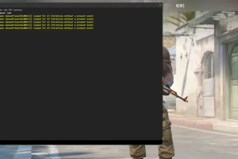 Konsola CS:GO z błędami, w tle postać z bronią.